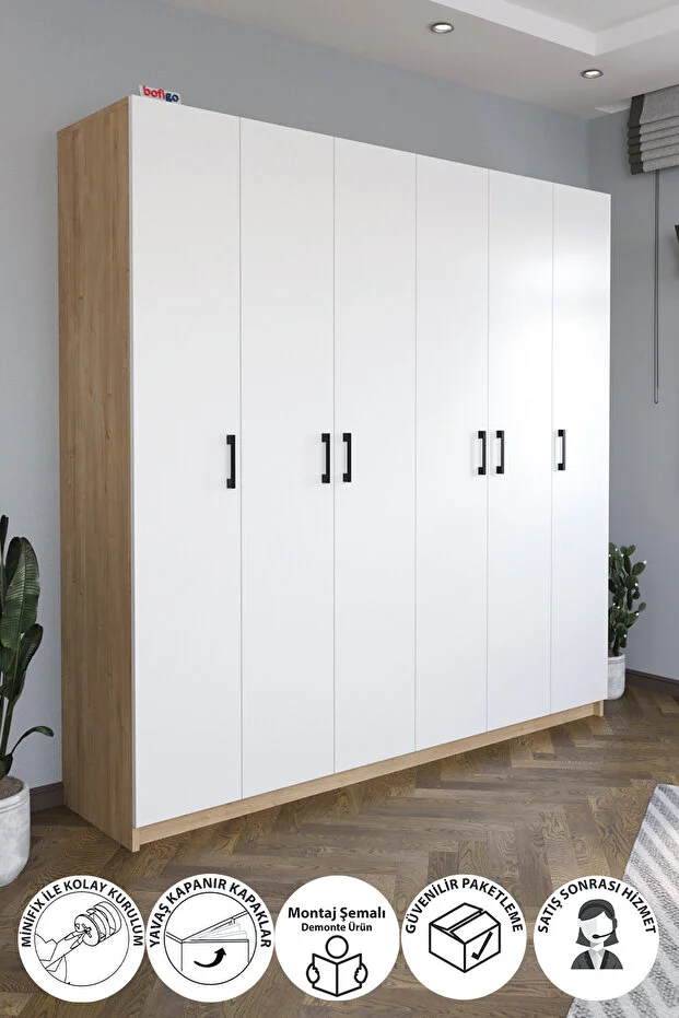 6 Kapaklı 16 Raflı Gardırop Elbise Dolabı 6 Kapaklı Gardırop Smyrna Safir Meşe Beyaz